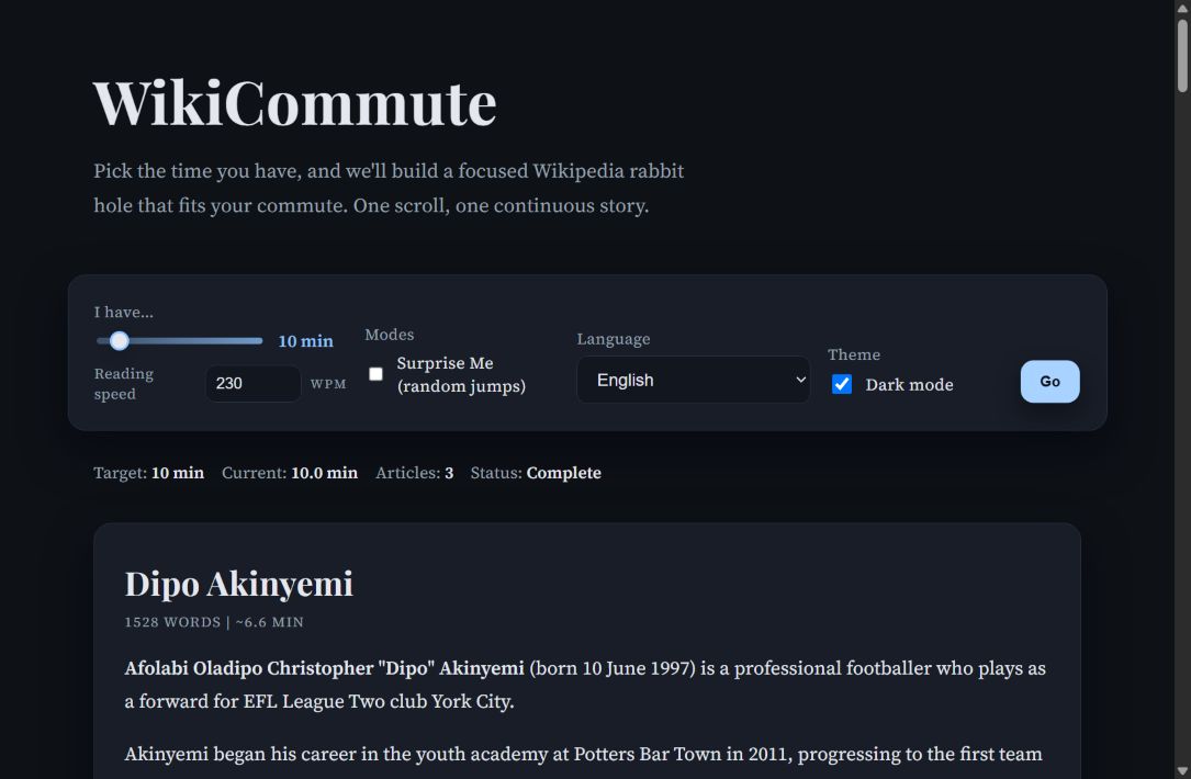 WikiCommute in dark mode, with a completed ten-minute reading path and its first Wikipedia article.
