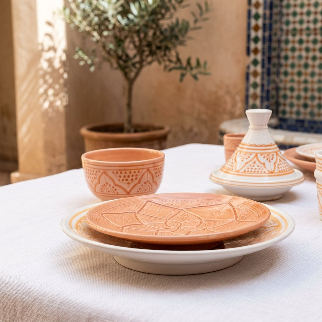 Terracotta Moroccan tableware styled on a white table in a tiled interior