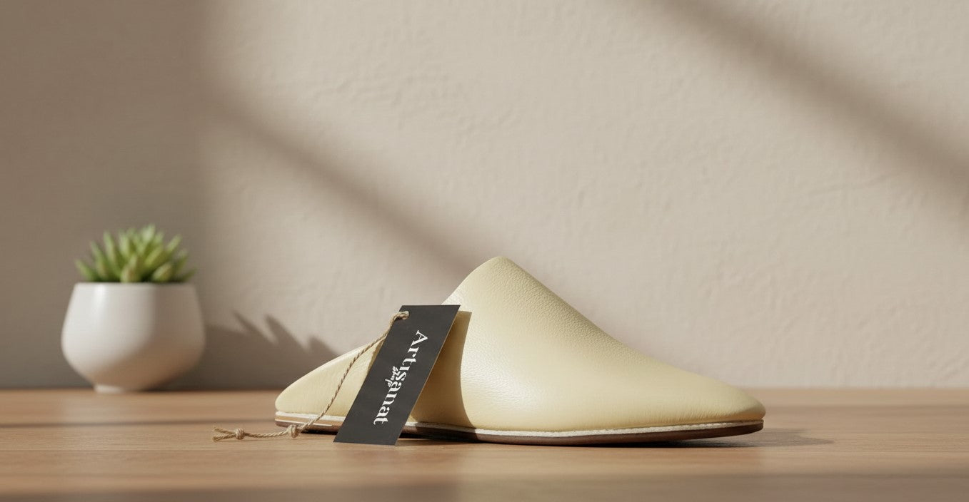 Cream leather babouche displayed on a simple wood surface