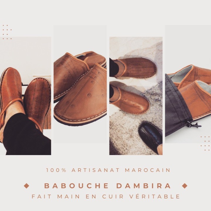 Editorial collage showing multiple views of handmade Dambira leather babouches